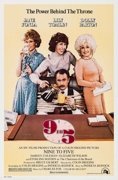 9 to 5 theatrical poster featuring Jane Fonda, Lily Tomlin, Dolly Parton, and Dabney Coleman