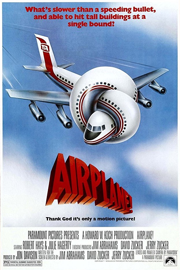 Airplane theatrical poster showing a passenger jet tied into a knot