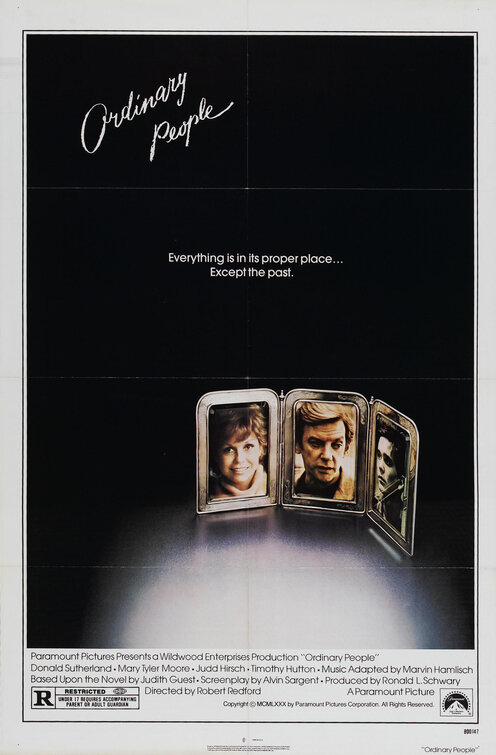 Ordinary People theatrical poster with family portraits in silver frames against a black background