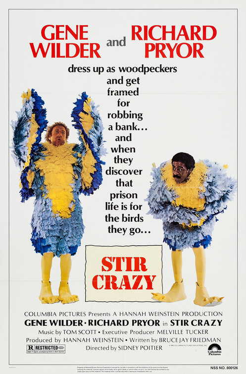 Stir Crazy theatrical poster featuring Gene Wilder and Richard Pryor in woodpecker costumes
