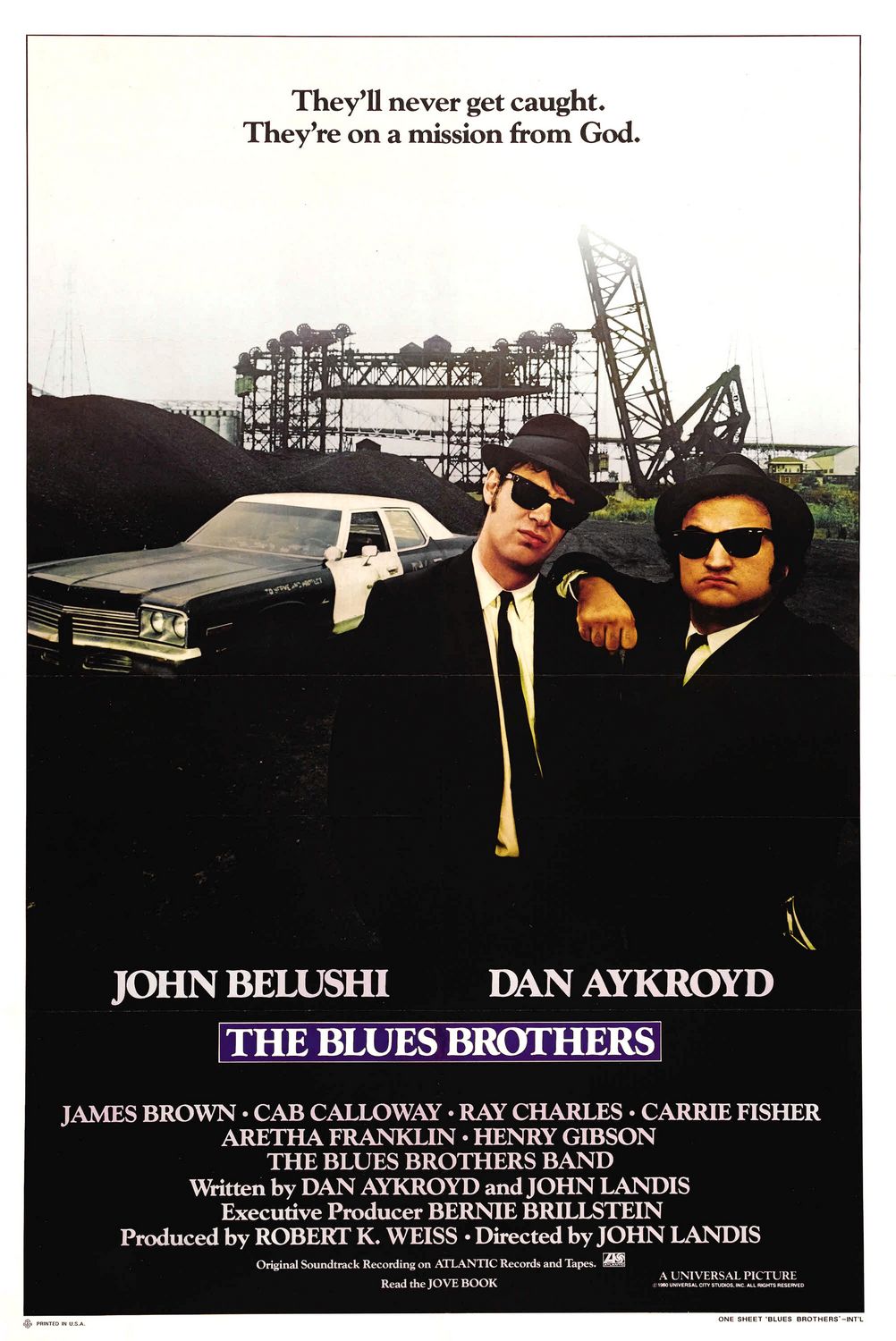 The Blues Brothers theatrical poster featuring Dan Aykroyd and John Belushi in black suits and sunglasses