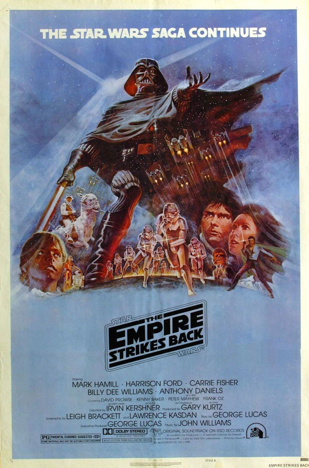 The Empire Strikes Back theatrical poster featuring Darth Vader above Luke, Han, Leia, and Imperial forces
