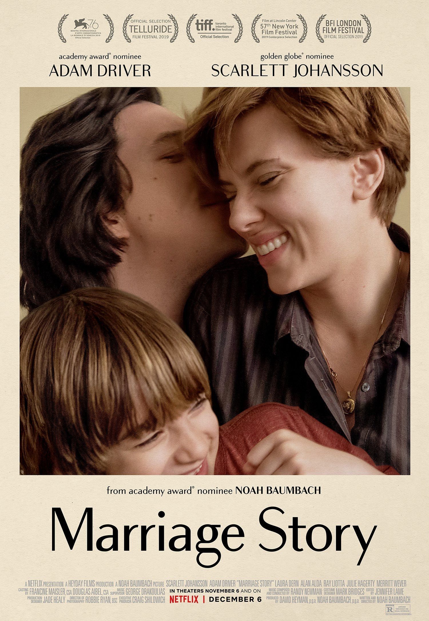 Marriage Story theatrical poster featuring Adam Driver and Scarlett Johansson with their son