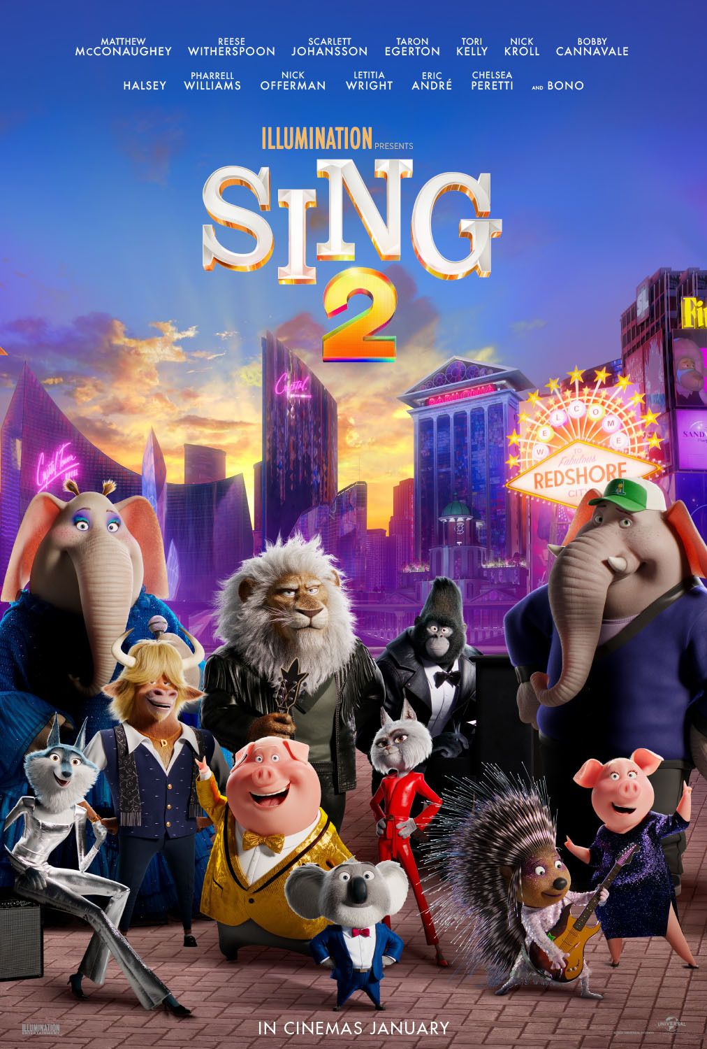 Sing 2 theatrical poster featuring the animated cast in Redshore City