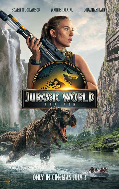 Official Jurassic World Rebirth theatrical poster showing the principal cast, jungle cliffs, waterfalls, and a charging Tyrannosaurus rex