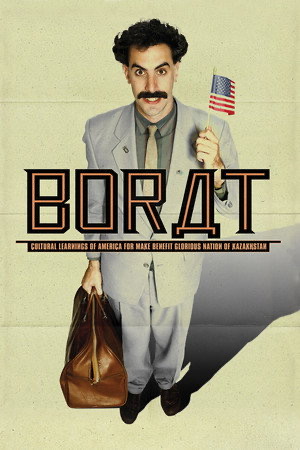 Borat poster featuring Sacha Baron Cohen holding a small United States flag