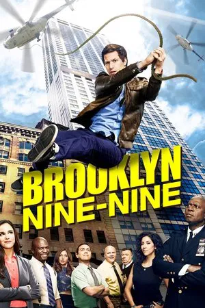 Brooklyn Nine-Nine poster with Jake Peralta swinging above the precinct ensemble