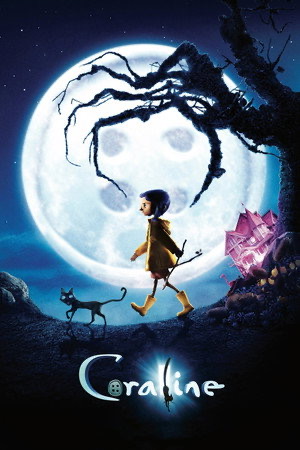 Coraline poster featuring Coraline walking beneath a moonlit tree