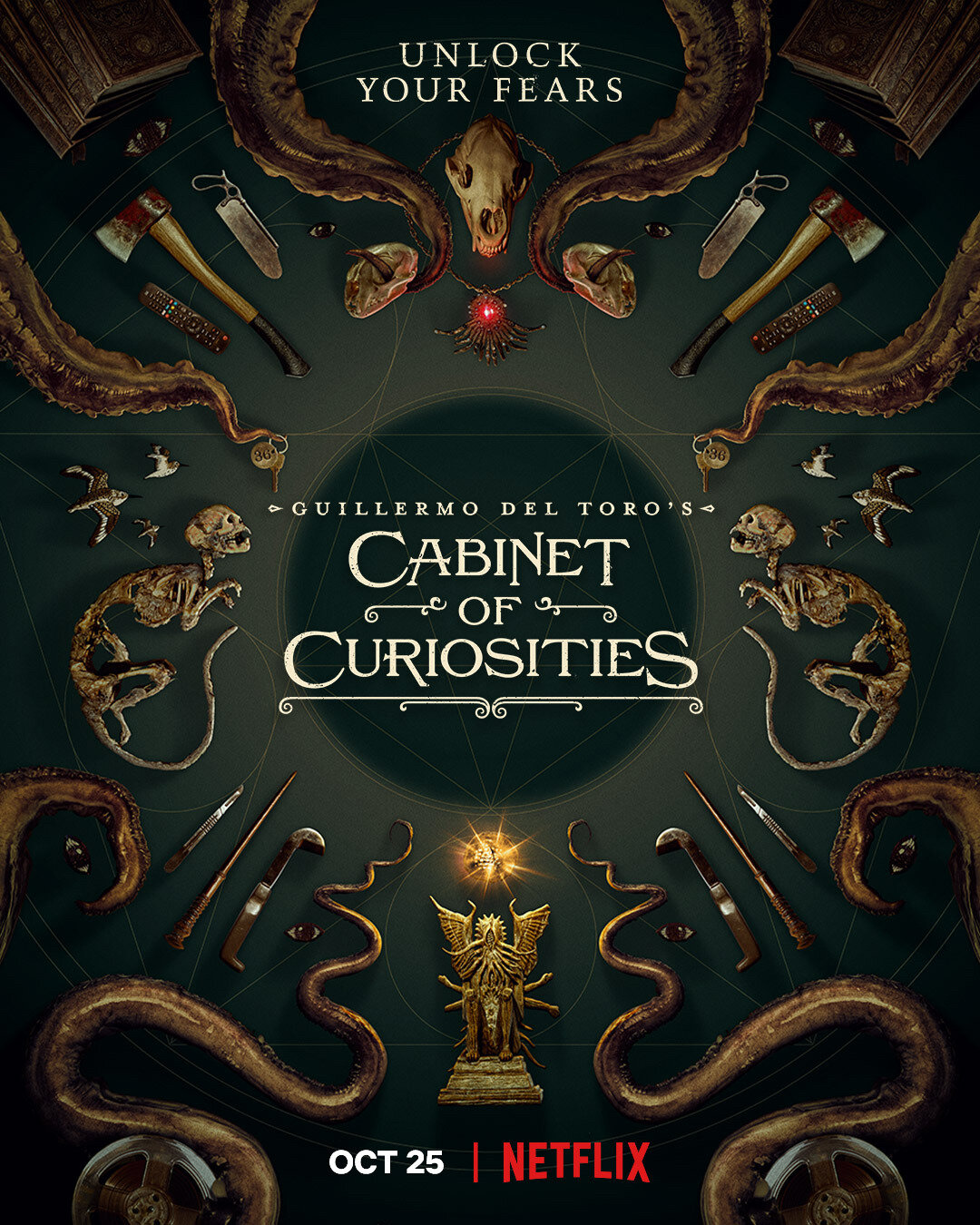 Cabinet of Curiosities Season 1 artwork with symmetrical occult objects and the Netflix release date
