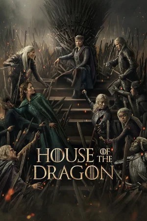 House of the Dragon poster featuring members of House Targaryen around the Iron Throne