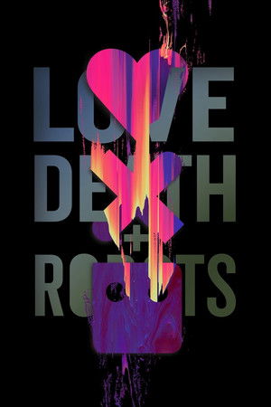 Love, Death & Robots series poster with the title symbols in pink and purple