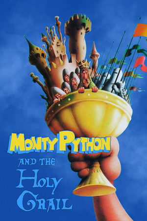 Monty Python and the Holy Grail poster featuring a hand holding a golden grail beneath a castle