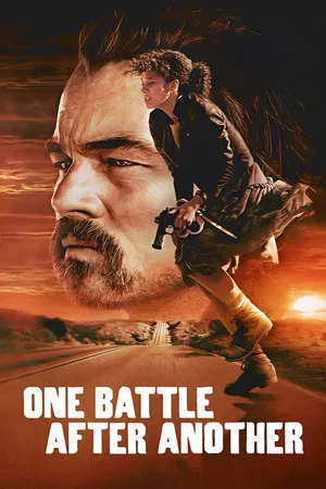 One Battle After Another poster with Leonardo DiCaprio's face behind a woman running with a gun on a desert highway
