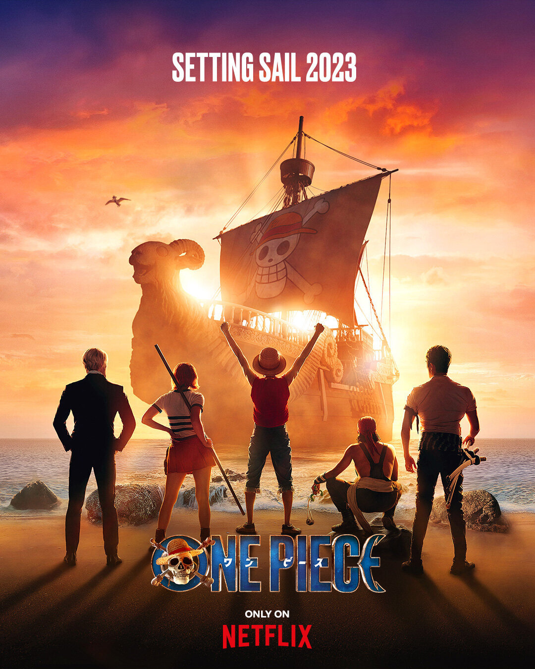 The Straw Hat crew facing the Going Merry on ONE PIECE Season 1 artwork