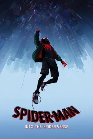 Spider-Man: Into the Spider-Verse poster featuring Miles Morales falling upward through a cityscape