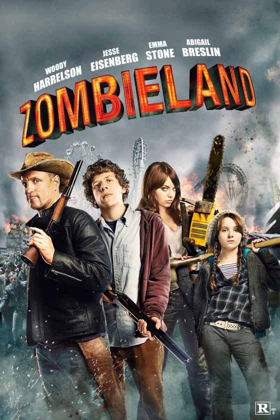 Zombieland poster with the four survivors standing in front of an amusement park